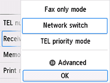 Receive mode settings screen: Select OK